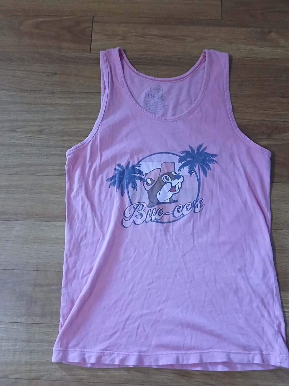 Bucees Tank Top Pink Mens Small Palm Tree Sunset Graphic Vintage Style Faded